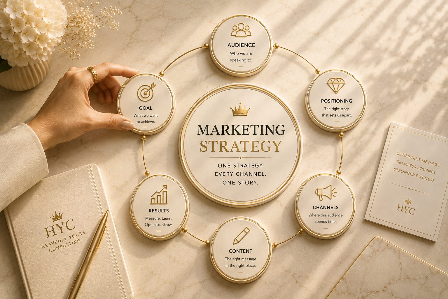 HYC - Marketing strategy framework showing goals, audience, positioning, channels, content and results working together to support a connected brand strategy.